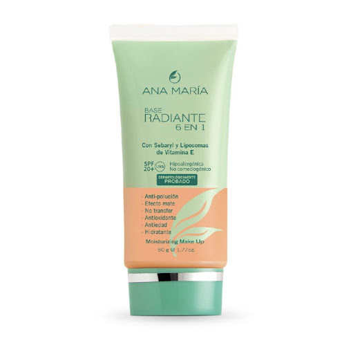 BASE ANA MARIA RADIANTE 6 EN 1 MEDIO OSCURO ENVASE X 50 G ANA MARIA ENVASE x 1 UND Base ligera de alto cubrimiento, con efecto mate natural, contiene Sebaryl FL y Liposomas de Vitamina E que ayudan a controlar el brillo en la piel. Fórmula hipoalergénica, de alta tolerancia.