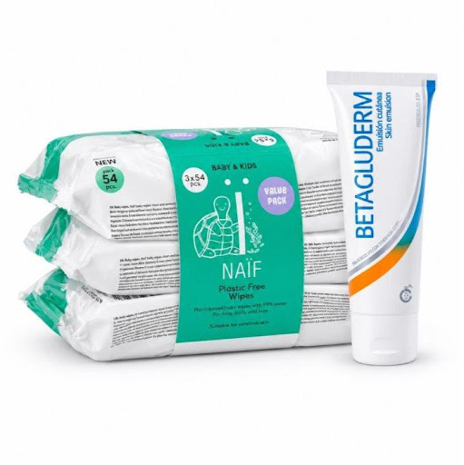 Duo Naïf toallitas 3pack x 54 + Betagluderm 30ml Naïf Pack + Tubo x 54 und x 30ml