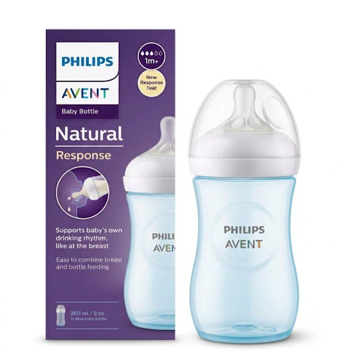 Tetero Natural Response Válvula Anticólicos Azul 9oz (1m+) Flujo Medio Avent Caja x 1