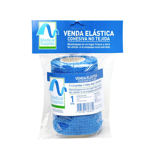 VENDA ELASTICA COHESIVA NO TEJIDA 3X5 AZUL (PAQ X2) MEDSUP PAQUETE x 2 Venda elástica no tejida, autoadherente y transpirable, que se adhiere a sí misma sin pegarse a la piel ni a otros materiales. Elaborada con tela de algodón y caucho natural, es hipoalergénica, fácil 