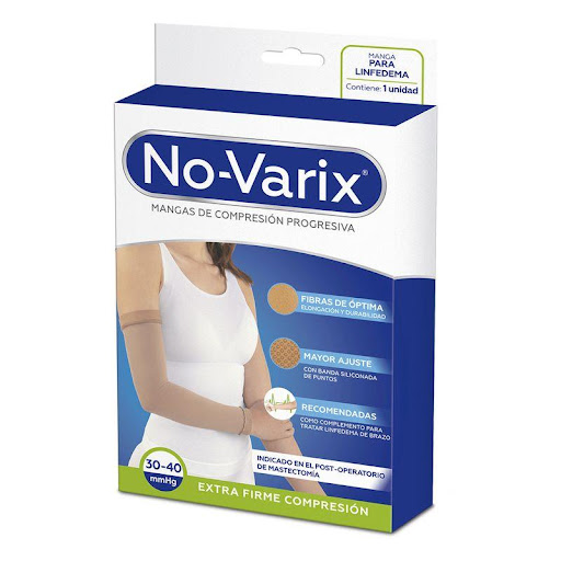 Manga linfedema No-Varix unisex 30-40 mmHg sencilla banda siliconada de puntos beige L No- Varix  x 1 Las mangas de Extra Firme compresión 30-40 mmHg No-Varix son recomendadas como complemento terapéutico para linfedemas de cualquier etiología y secuelas de difícil control. Ideales para Post mastectom