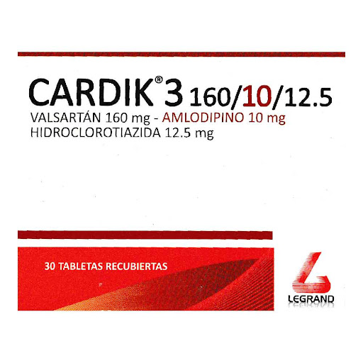 Cardik 3 Valsartan 160mg   + Amlodipino 10mg + Hidroclorotiazida 12.5mg Legrand Caja x 30 Tabletas