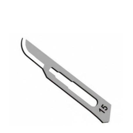 HOJA DE BISTURI No 15 (PAQ X100) AMALGADENT 0 x 100 Hoja de bisturí número 15, reconocida por su forma curva y punta afilada, ideal para realizar incisiones cortas y precisas en tejidos blandos. Es ampliamente utilizada en cirugía general, dermatología