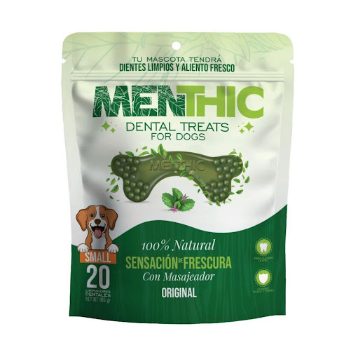 Menthic Huesos Small 20 unidades, 185 gramos Menthic Bolsa x 20 Ingredientes naturales — menta y perejil que eliminan el sarro, refrescan el aliento y protegen las encías de manera segura.

Textura firme y natural en forma de hueso — diseñada para una masticación 