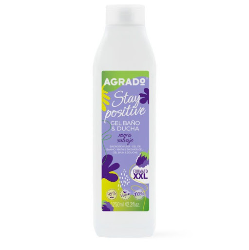 Gel de Ducha Stay Positive XXL Agrado  1250 ml AGRADO BOTELLA XXL x 1 Llena cada ducha de frescura y energía con el Gel de Ducha Agrado Stay Positive XXL 1250 ml. Su deliciosa fragancia a mora salvaje envuelve la piel con un aroma dulce y agradable, transformando la rut