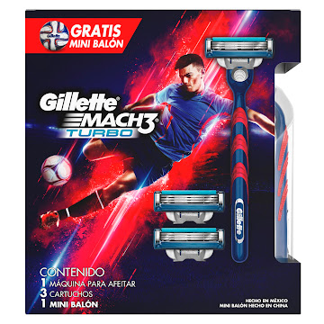 //OFT MAQUINA DE AFEITAR GILLETTE MACH 3 TURBO + 2 REPUESTOS + BALÓN  