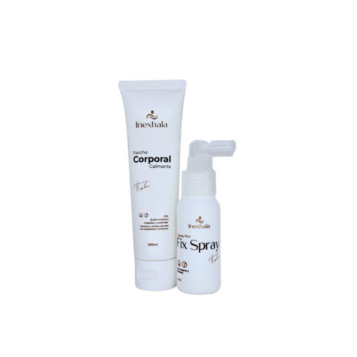 Parche Corporal 100 ml + Fix Spray 60 ml Inexhala Kit x 2 unds Inexhala 100ml y 60ml  x 2 El sistema PARCHE INEXHALA combina dos productos que trabajan juntos para crear una experiencia corporal práctica, cómoda y adaptable.
Al integrarse sobre la piel, forman una película ligera y flexibl