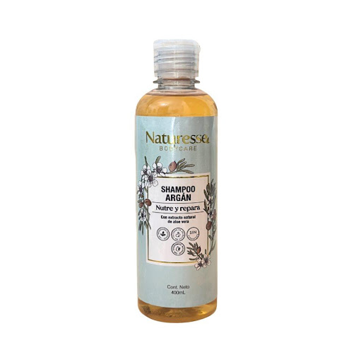Shampoo Argan x 400 ml Naturesse botella x 1 Shampoo con aceite de argán que limpia suavemente y ayuda a fortalecer, hidratar y revitalizar la fibra capilar. Su fórmula deja el cabello más suave, manejable y con una apariencia saludable. Sin par