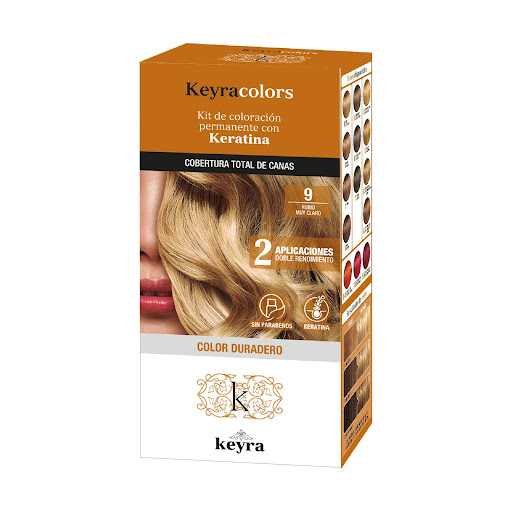 Tinte Keyra kit 9 Rubio Muy Claro, Permanete con Keratina x 100 ml Keyra Colors Caja x 1 Tinte capilar en emulsión (crema),permanente con Keratina, sin parabenos. Cubertura total de canas