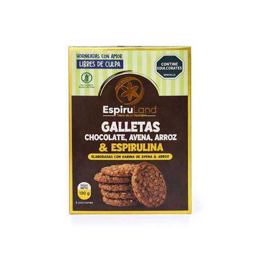 Galletas de chocolate con espirulina sin azucares añadidos Espiruland Caja por 6 Und x 120g Galletas EspiruLand de chocolate y harina de arroz con espirulina, sin azúcares añadidos. Caja x 6 unidades (120 g). Snack natural, práctico y delicioso, ideal para un estilo de vida consciente.