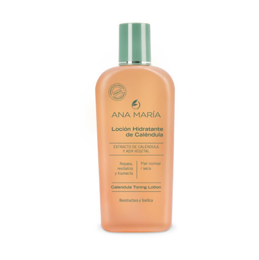 LOCION ANA MARIA HIDRATANTE DE CALENDULA ENVASE X 180 ML ANA MARIA  x 1 UND Elaborada con extracto natural de Caléndula, que brinda a la piel propiedades humectantes y refrescantes. Fórmula enriquecida con ADN Vegetal, (extraído del Gérmen de Trigo), que restaura y ayuda a eq