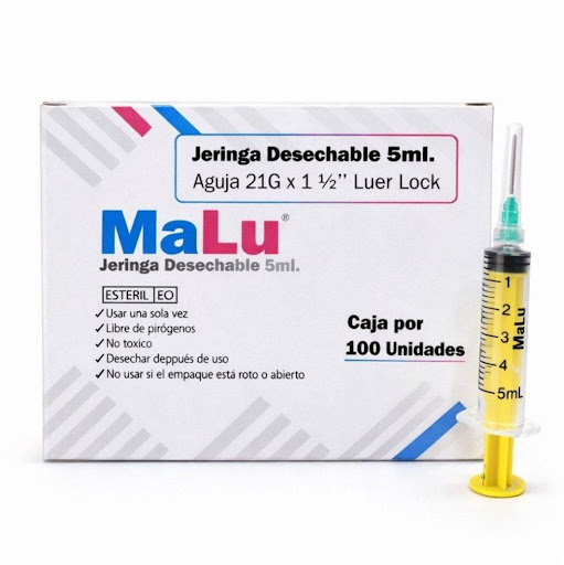 Jeringa desechable 5 ml émbolo amarillo  MaLu Caja x 100 unidades x 100 Jeringas estériles en polipropileno de un solo uso para administración de medicamentos. Cuenta con émbolo de color que facilita la identificación visual rápida.