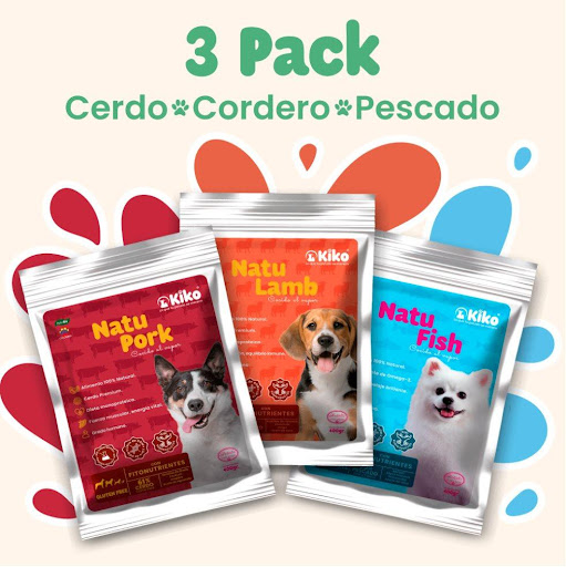 Alimento Húmedo Natural para Perros Mix Cordero Pescado Cerdo 1200 g KIKO 3 Pouches x 400 g (1.200 g) x  3 und 