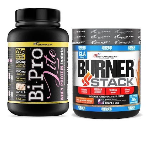 Combo proteína Bipro Lite 2.4 lb+ Burner Stack 0.8 lb NUTRAMERICANPHARMA Tarro x 2.4 Lb (1080g) y 0.8 Lb (360g) Combo perdida de grasa y definición, se compone de 1 Bi-Pro Lite es una fórmula nutricional elaborada a base de proteína de suero y caseína, proteínas lácteas con excelentes perfiles nutricionales y d
