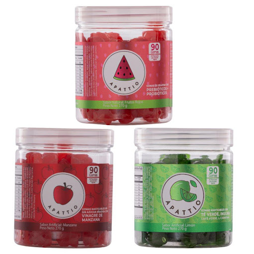 TRIO Digestivo Apattio Tarro x 270 SUPER DIET: 
-Gomitas a base de extractos naturales
-Ayuda a perder peso y a usar la grasa como energía.

VINAGRE DE MANZANA:
-Desintoxica el organismo.
-Puede acelerar el metabolismo y ayudar a bajar