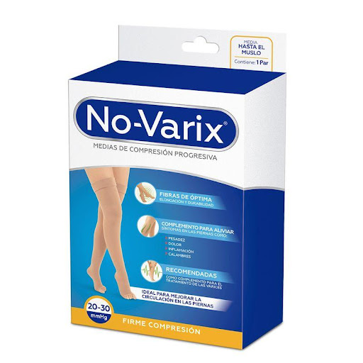 Media al muslo No-Varix 30-40 mmHg opaca puntera abierta beige L No- Varix  x 1 Estas medias son ideales para combinar con prendas ejecutivas y formales, son estéticas y elegantes, con apariencia velada y transparente. Las medias de mediana compresión 15-20 mmHg No-Varix son reco