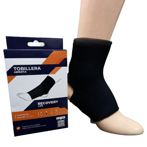 Tobillera abierta Recovery Life Talla M Recovery Individual x 1 Tobillera ortopédica u Ortesis estabilizadora del movimiento del cuello del pie. La tobillera sirve para brindar estabilidad el tobillo. Se utiliza para tratar lesiones, como esguinces, fracturas o pa