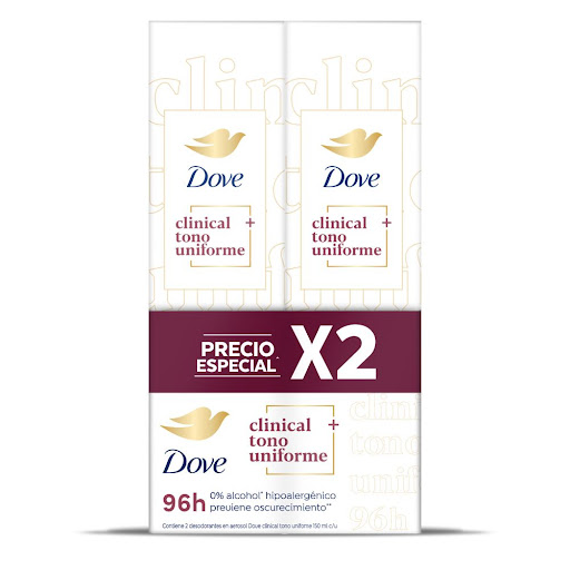 Desodorante Mujer Dove Clinical Tono Uniforme Aerosol 150 ml Pack x 2 und