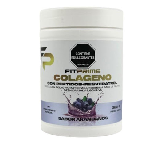 Colágeno+Resveratrol  Fit prime, sabor arandanos x 360gr ( 30 servicios) Fit Prime Envase  x 1 Formula avanzada que combina colágeno hidrolizado en péptidos para favorecer la salud de la piel, articulaciones y huesos, junto con resveratrol, un antioxidante natural que ayuda a combatir el enveje