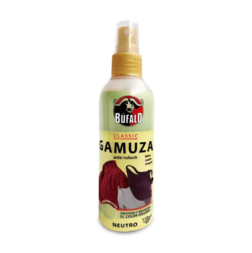Betún Búfalo Gamuza Atomizador Neutro X 110 CM3 BÚFALO Frasco x 1 Und Mejora el color y devuelve la apariencia original al calzado de gamuza, ante y nubuk, con su práctico aplicador, logrará que sus zapatos luzcan impecables por más tiempo.