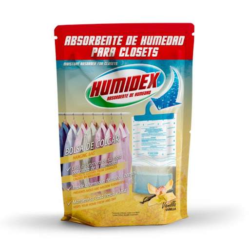 Humidex Bolsa Closet Vainilla HUMIDEX Doy pack x 1 und El producto contiene una bolsa con práctico gancho para colgar de 300 gramos con agradable aroma a vainilla. Contenido total del producto: 300 gramos / una (01) unidad. 

Este mismo producto también s