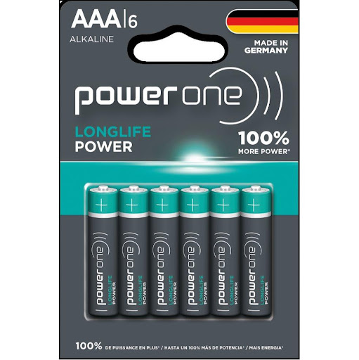 Pilas AAA Alcalinas Power One Blister X 6 Unidades Power One blister x 6 Pilas alcalinas con la energía potente que necesita cualquier dispositivo.

Duran y conservan su energía al por 10 años cuando no se han usado ni sacado de su empaque.

Fabricadas en Alemania.

Contie