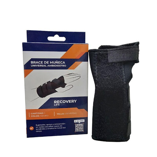 Brace muñeca universal ambidiestro Negro Recovery Individual x 1 Muñequera con férula palmar,inmovilizadora de la articulación de la muñeca.Empleado como protector,sujetador,apoyo y/o como prevención en todos aquellos casos de tendinitis y síndrome del túnel del ca