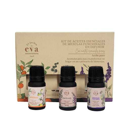 Kit de aceites esenciales Actívate, Enfócate y Buenas Noches para difusor x 3 und  El jardín de eva  Caja x 1 Disfruta la aromaterapia en su forma más pura con nuestros aceites esenciales para difusor. Mezclas funcionales creadas para acompañarte según tu momento, tu estado de ánimo o la energía que necesitas
