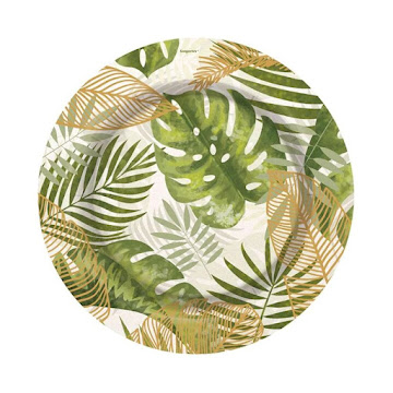 Platos Sempertex Feliz Cumpleaños Hojas Tropicales x 8 und  