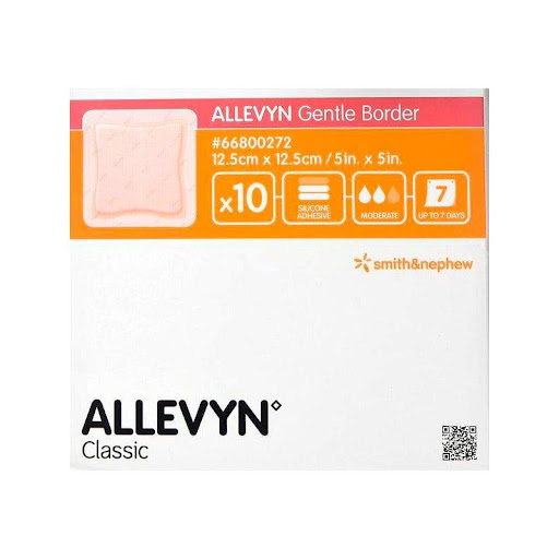 ALLEVYN CLASSIC GENTLE BORDER 12.5X12.5 CM SMITH Smith & Nephew  x 1 Apósito avanzado de espuma diseñado para la gestión de heridas, con un borde suave que ofrece mayor comodidad y adhesión sin dañar la piel. Su diseño trilaminar incluye una capa hidrocelular absorbent