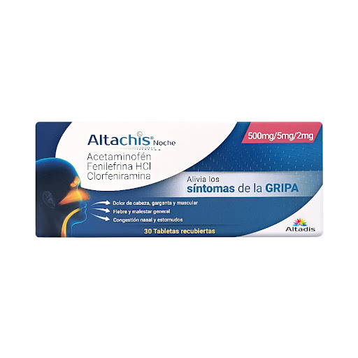 Altachis Noche Acetaminofén 500 mg/Fenilefrina HCl 5 mg/Clorfeniramina Maleato 2 mg Altadis Caja x 30 Tabletas