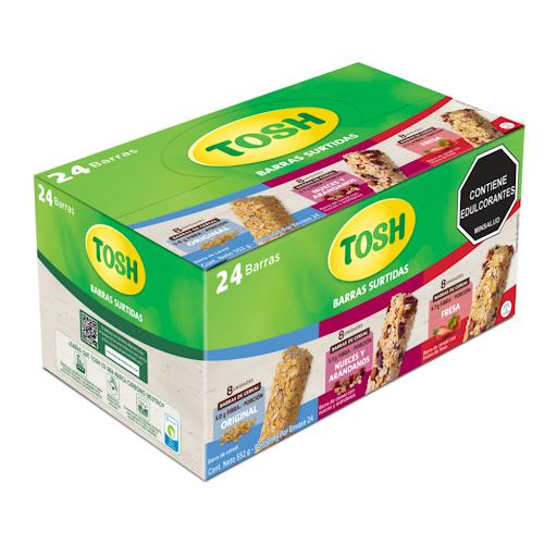 Barras de ceral Lyne-Fresa- Arandanos Tosh x 24 unidades x 23 gr c/u Tosh Caja x 24 Delicioso snack saludable y práctico, endulzado con estevia y sin azúcar adicionada, ideal para el cuidado diario. Combinan hojuelas de avena, linaza y trozos de fruta deshidratada, ofreciendo fibra, 