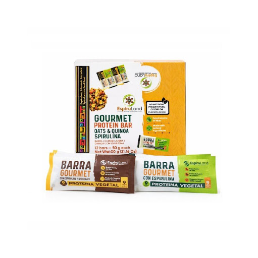 Pack de barras de cereal con espirulina Espiruland Pack por 12 und x 12 und Pack Espiruland: 12 barras de cereal con espirulina (600g). Incluye 6 de avena y 6 de chocolate. Tu snack saludable, crujiente y lleno de energía natural para llevar a todas partes.