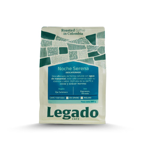 Café Noche Serena, descafeinado en grano Legado Café® Bolsa para café con válvula y cierre ziper.  x 1 