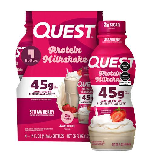 bebida proteica de fresa QUEST NUTRITION bolsa x 1 malteada quest sabor FRESA con 45 gr de proteina, baja en azucar y carbohidratos. Cremosa, refrescante y perfecta para apoyar tu recuperacion y nutricion diaria