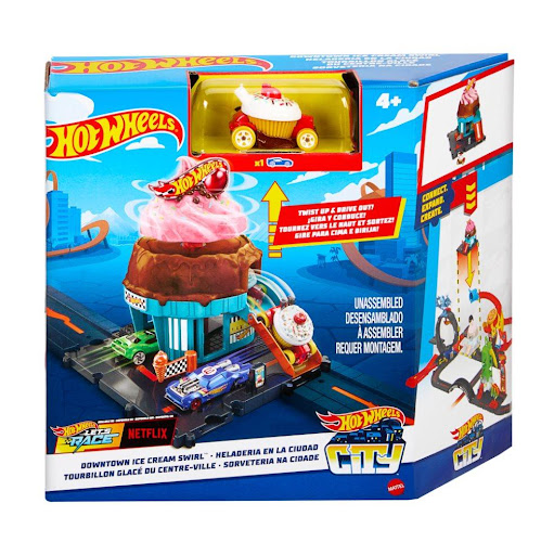 Hot Wheels City Pista Heladería Hot Wheels  x 1 Es un set temático que combina la acción de las pistas Hot Wheels con la diversión de una heladería. Incluye una rampa de lanzamiento, un cono gigante interactivo y áreas de juego que estimulan la cre