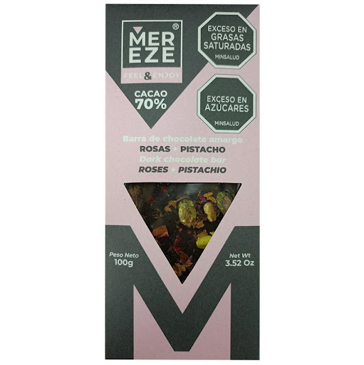 Barra de chocolate 70% cacao + Pistachos + Pétalos de rosas MEREZE 100gr x 1  