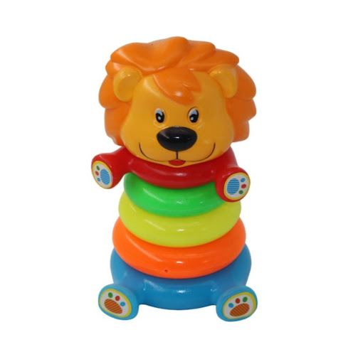 Juego De Apilar Leon Malla Plasticos Asociados  x 1 Es un juguete educativo que incluye 5 aros de diferentes tamaños, formas y colores. Su diseño con cabeza de león hace que sea atractivo para los niños, incentivando su curiosidad y diversión. Además, 