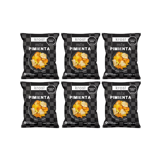 Pasabocas KROST Mix papa, batata y plátano PIMIENTA Paquete X 45 Gr KROST 45 gramos x 6 unds KROST MIX PIMIENTA es una mezcla de papa, batata y platano. Naturalmente libre de gluten, alto en fibra y apto para veganos y vegetarianos. Acompaña tus sandwiches, ensaladas, sopas y lo que te imagin