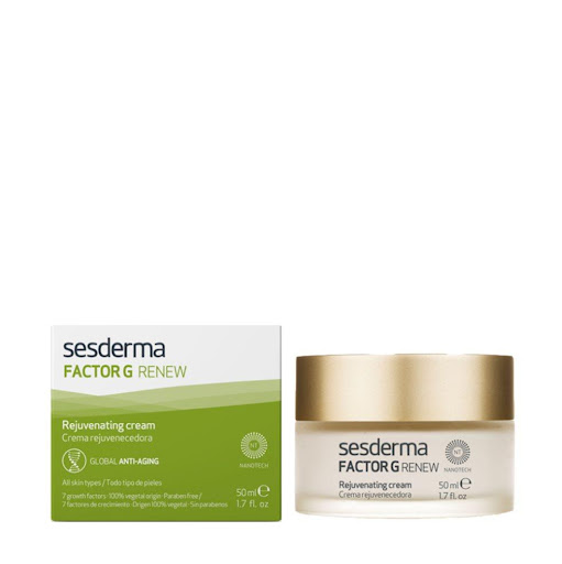 Crema Sesderma Factor G Renew Rejuvenecedora 50Ml Sesderma Envase vidrio con tapa x 1 Crema antiedad con factores de crecimiento y células madre vegetales que estimula la regeneración celular, reduce las arrugas y recupera la elasticidad de la piel. 
Factores de crecimiento que estimul
