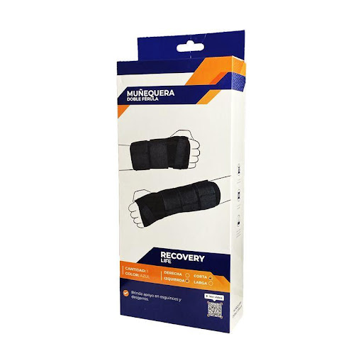 Muñequera Recovery Life 2 Ferula Corta Izquierda RECOVERY LIFE Individual x 1 Muñequera, fabricada en material elástico con cierre en cinchas de velcro y con férula moldeable para adaptarlo a la muñeca del paciente y así poder restringir determinados movimientos de muñeca, está