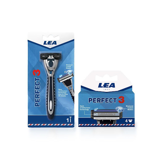 Pack Lea Sistema Perfect 3 Hojas + Repuestos LEA Frasco x 2 Sistema de afeitado de 3 hojas recubiertas de diamante para un afeitado apurado y confortable. Cabezal basculante que se adapta al contorno de la cara y Banda lubrificante que protege e hidrata la pie