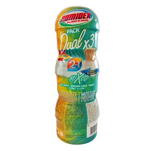 Humidex Pack - Fragancias Mixtas - 3 HUMIDEX Pack x 3 und El Humidex Pack X 3 Dual contiene tres unidades de 80 gramos cada una, con fragancias de Manzana Canela, Brisa Marina y Vainilla. El contenido total es de 240 gramos. Las fragancias no pueden ser modi