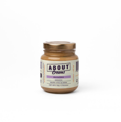 Crema de Marañón 120g ABOUT Envase de vidrio x 1 Mantequilla de marañón, endulzada con stevia (1%)  y un toque de sal marina que resalta su sabor natural. Sin azúcares añadidos, sin conservantes ni grasas añadidas. Cremosa, equilibrada y deliciosa, 