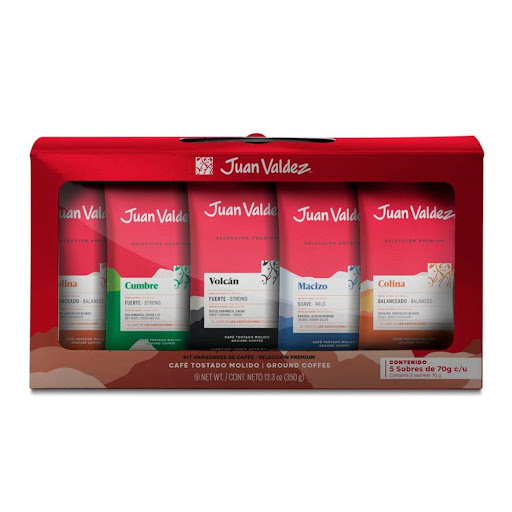 Kit Café Juan Valdez Premium Selection x 5 Sachets Juan Valdez bolsa x 1 Café Premium 100% Colombiano Excelso.   Kit de 5 sachets de café molido de 70 g cada uno. Un equipo de expertos selecciona granos de café de diferentes zonas cafeteras del país, estos granos son perfi