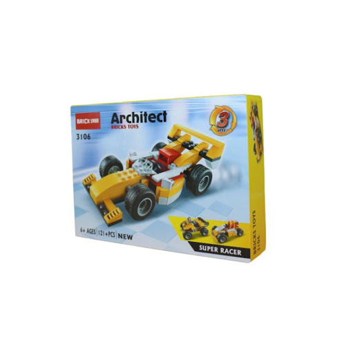 Carro Carreras Architec Bloques 121 Piezas Caja Plasticos Asociados  x 1 Es un juguete educativo y creativo que permite a los niños construir un carro de carreras utilizando bloques de diferentes tamaños, formas y colores. Este set fomenta el desarrollo de habilidades como