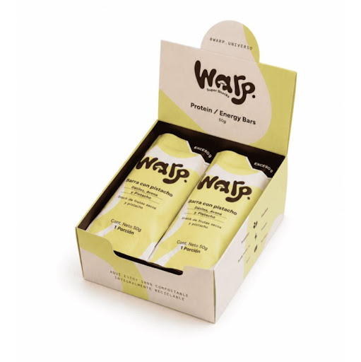 Barra Proteína y Pistacho 50g x 6 WARP Barra 50g x 6 Barra de 11g de proteína con sabor indulgente y textura práctica para llevar. Dátiles, pistacho, chocolate oscuro, avena y maní. Ideal para acompañar tu rutina en movimiento. Perfecta para antes y des