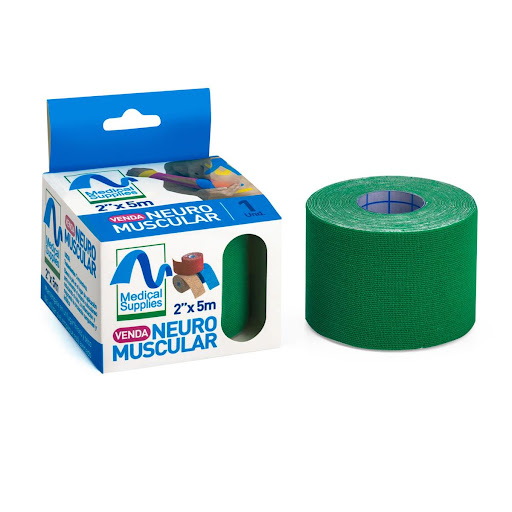 CINTA KINESIOLOGICA VERDE MEDICAL SUPPLIES MEDSUP  x 1 Venda kinesiológica neuromuscular de color verde, diseñada para brindar soporte muscular, mejorar la circulación y reducir el dolor e inflamación. Elaborada con material elástico, resistente al agua, 