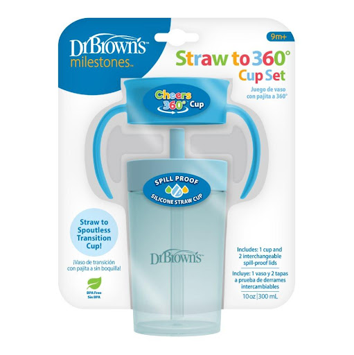 Vaso Pitillo Cheers 2 en 1 Azul Dr Browns Vaso x 1 Set de entrenamiento Dr. Brown’s Straw to 360° con dos tapas: pitillo suave y tapa 360° antigoteo. Ayuda al bebé a aprender a beber solo. Fácil de limpiar, apto para lavavajillas y libre de BPA.