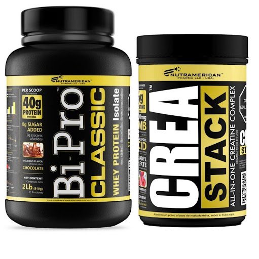 Combo Proteina Bipro Classic Chocolate 2 lb + Creatina Crea Stack 1.3 LB NUTRAMERICANPHARMA Tarro x 2 Lb (910g) y 1.3 Lb (600g) Combo para para máxima fuerza y ​​volumen muscular, se compone de 1 Bipro Classic 2 lb, es una proteína de suero de alta pureza y concentración, con mínimos niveles de grasa y lactosa. 1 Crea Stack, e